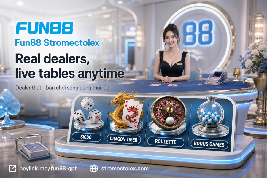 Sảnh live casino Fun88 với dealer thật và livestream HD Baccarat Roulette Sicbo